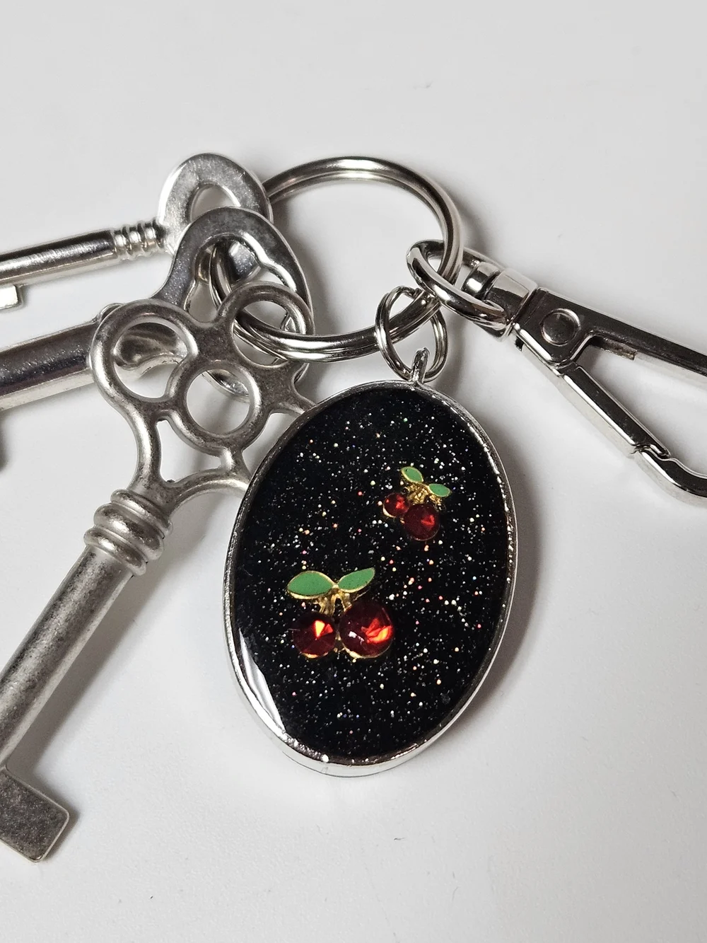 Black Glitter Oval Cherry Keychain Bag Charm
